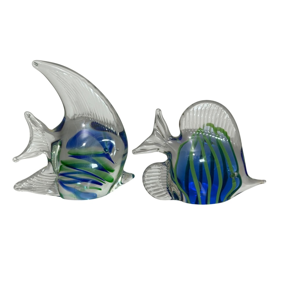 Vintage Glass Fish Figurine Set OS Blue Green Art Glass Tropical Coastal Decor